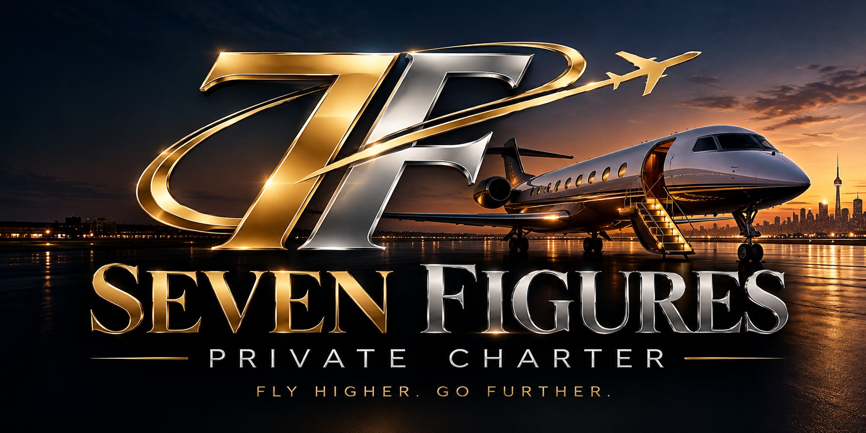 Seven Figures Private Charter — a private jet on a night tarmac with the Toronto skyline behind it