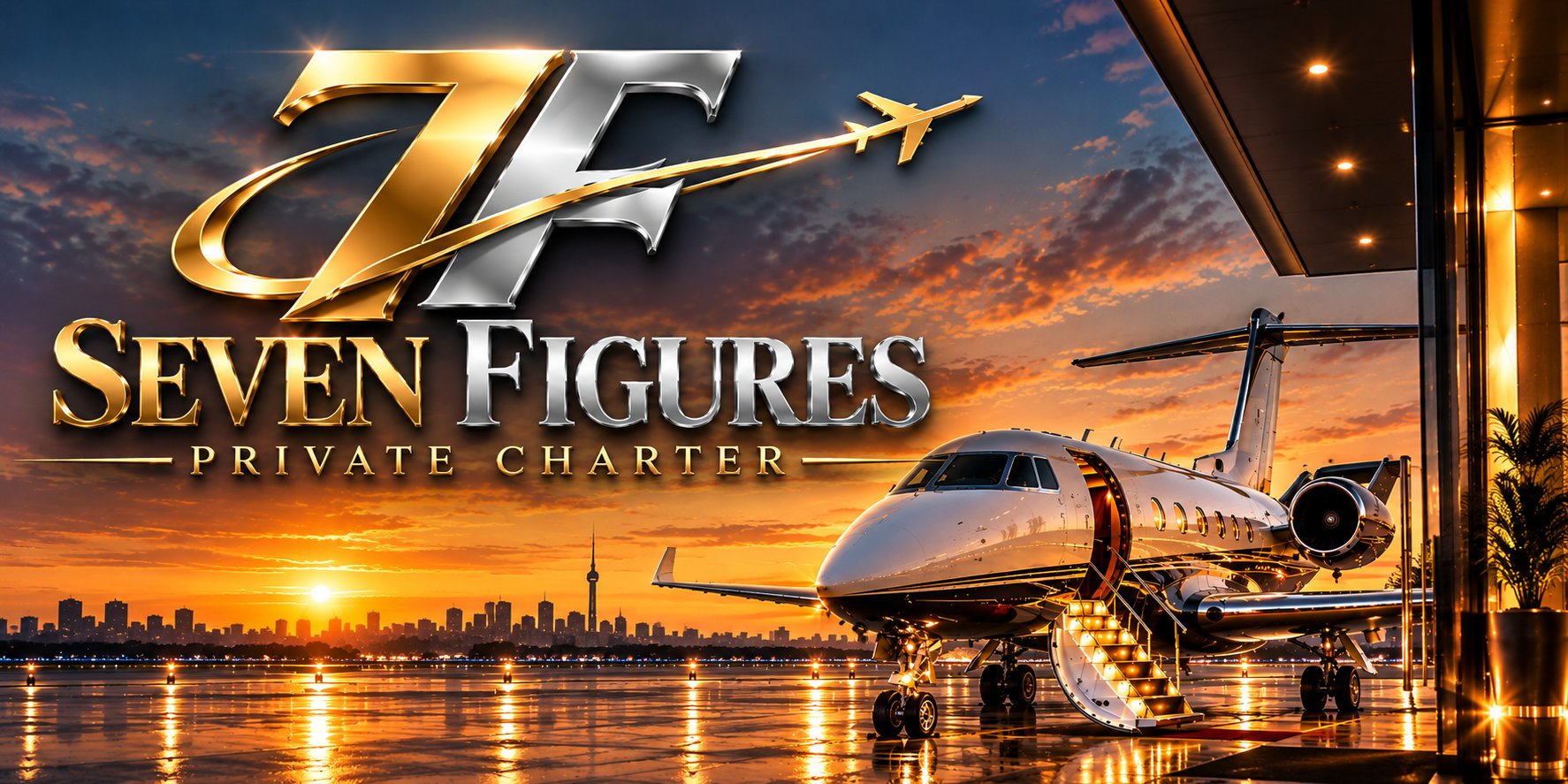 Seven Figures Private Charter — a private jet at a terminal at sunset, Toronto skyline behind it